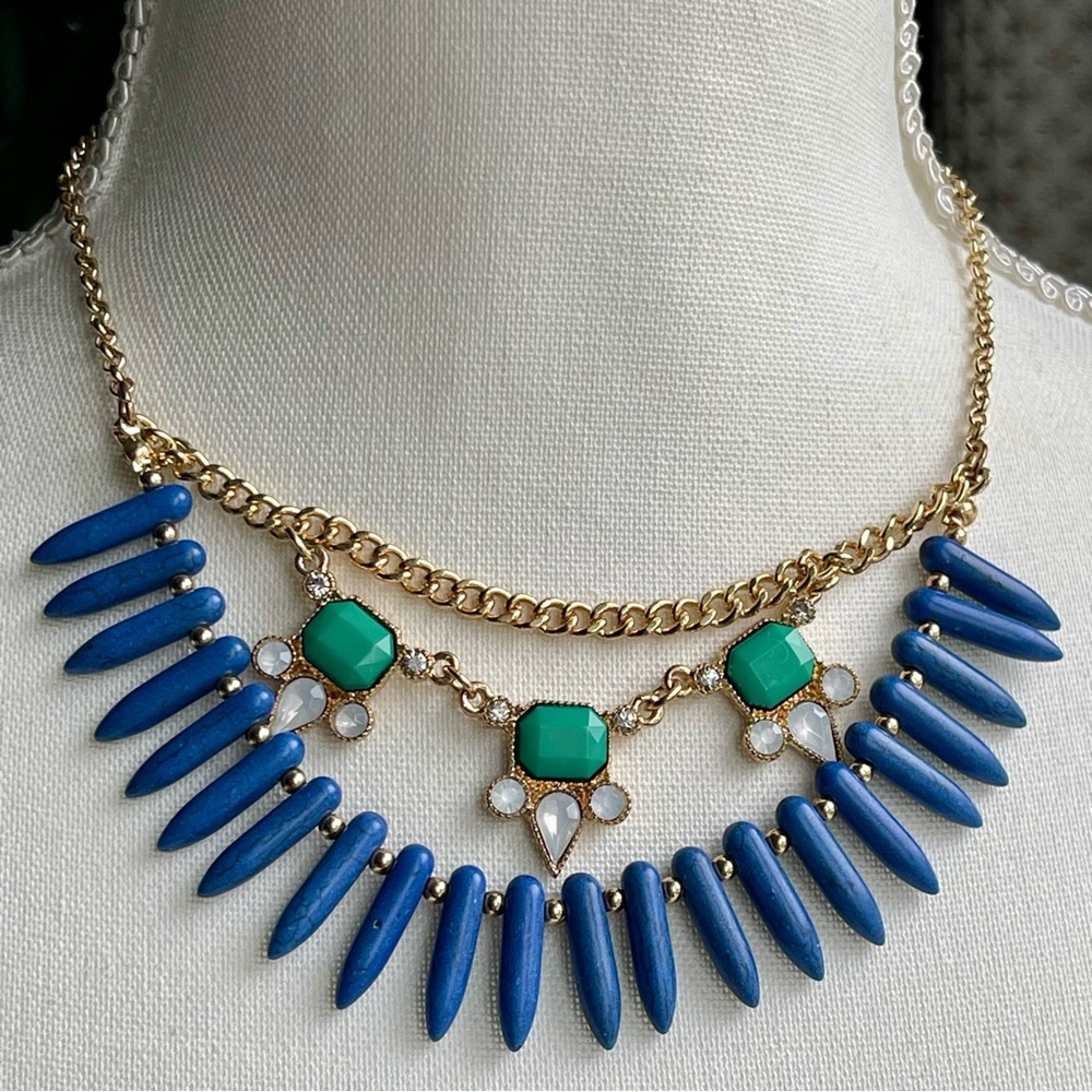 LC Lauren Conrad | Elegant Blue Green Gold Statement Necklace 16" + 3" Extender